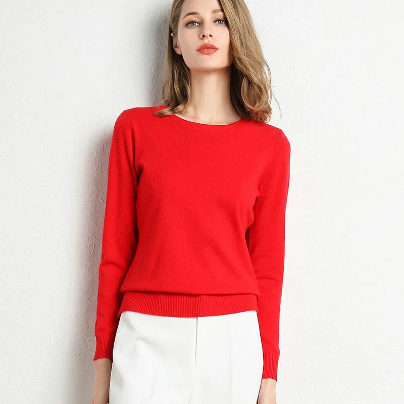 Women Slim ONeck Solid Pullover Cashmere Wool Blending Sweater Autumn And Winter Long-Sleeved Knit Bottoming Shirt Large Size