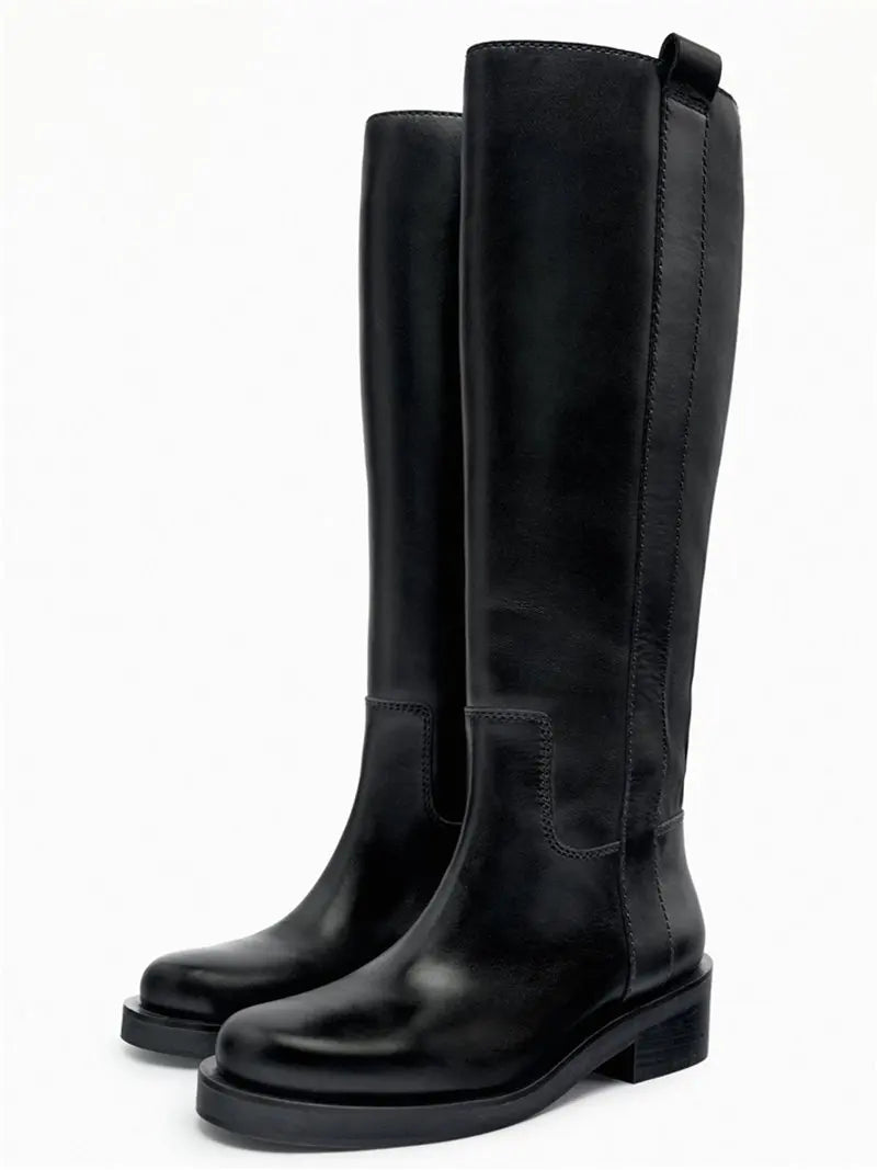 INS Plus Size 34-43 New Fashion Full Genuine Leather Boots Women Slip On Knee High Boots Autumn Winter Straight Knight Botas
