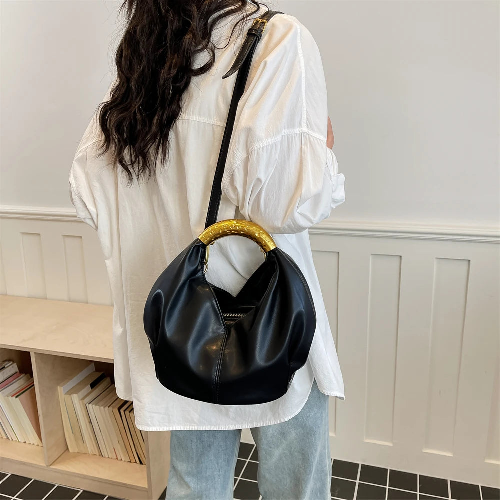 MOODS Retro Gold Ring Handle Women Hobo Bag Soft Vegan Leather Shoulder Crossbody Purse Elegant Luxury Handbag For Evening Party