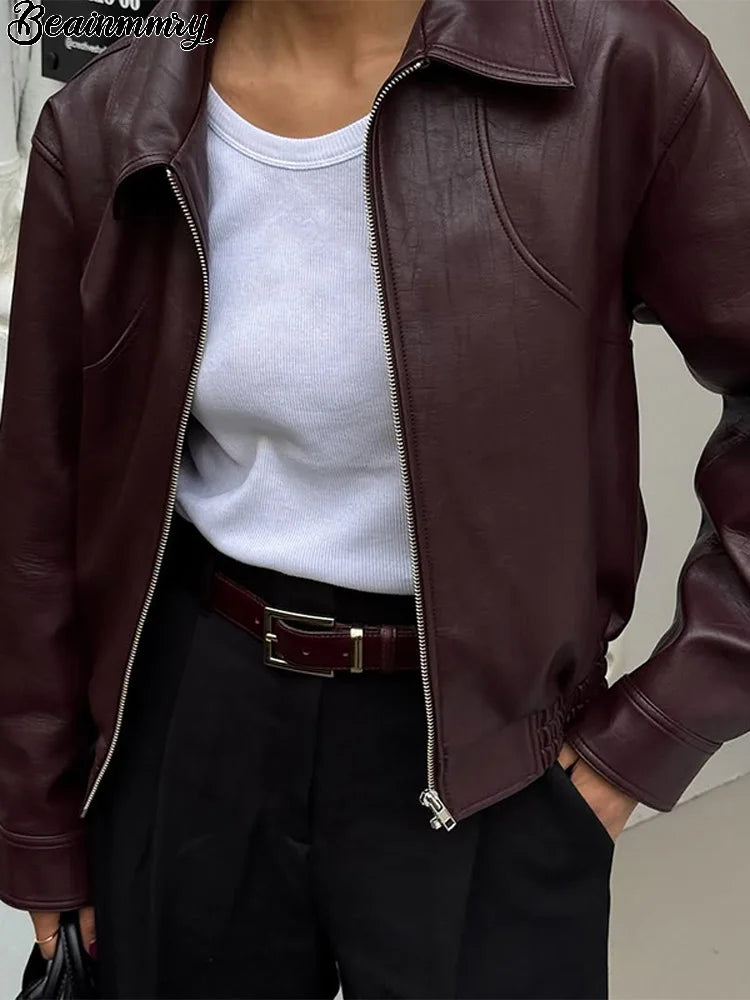 Burgundy Lapel Leather Short Coat Women Vintage Zipper Long Sleeve Bomber Jacket Lady New Autumn Fashion Casual Street Outerwear