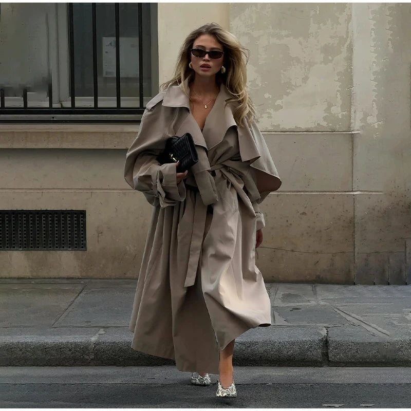 Solid Lace Up Long Trench Coat Women Chic Full Sleeves Lapel Single Breasted Loose Outerwear 2026 Lady Spring High Street Wear