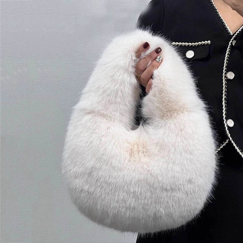Women's Winter Casual Furry Shoulder Bag Soft Plush Solid Color Clutch Purse Lightweight Female Hobos Handbag
