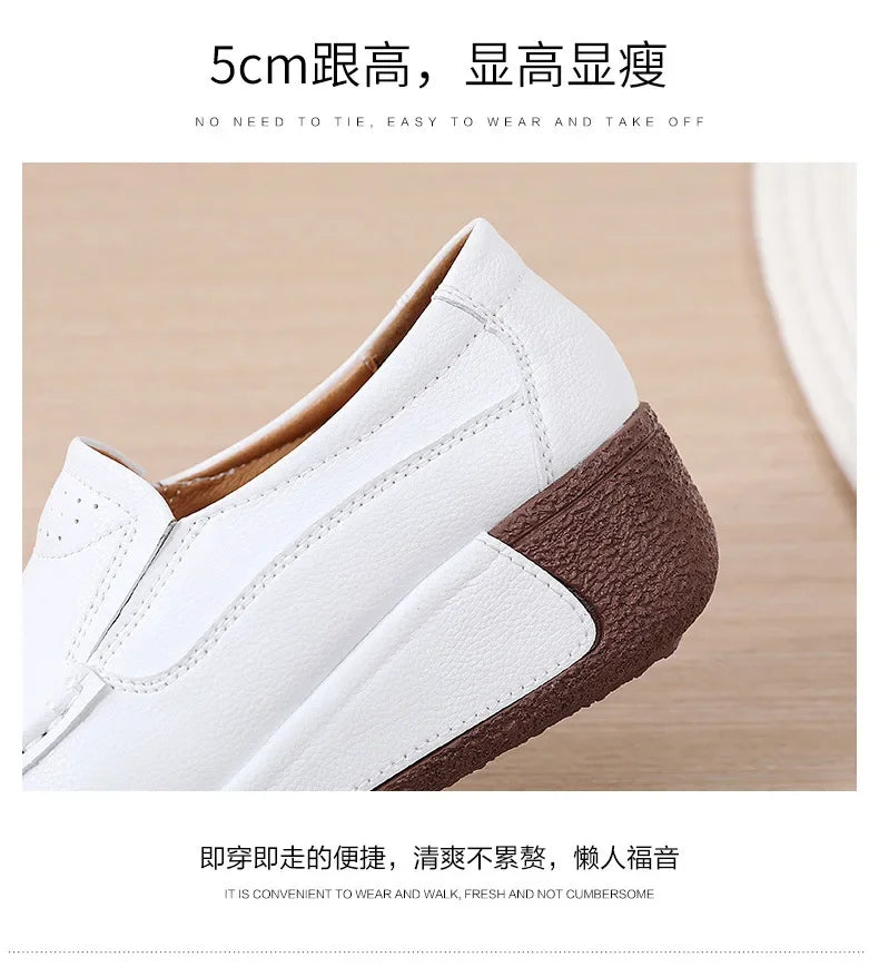 Spring and Summer Women Fashion Loafers Genuine Leather Moccasins Autumn Slip-on Casual Round Toe Wedge Platform Rocking Shoes