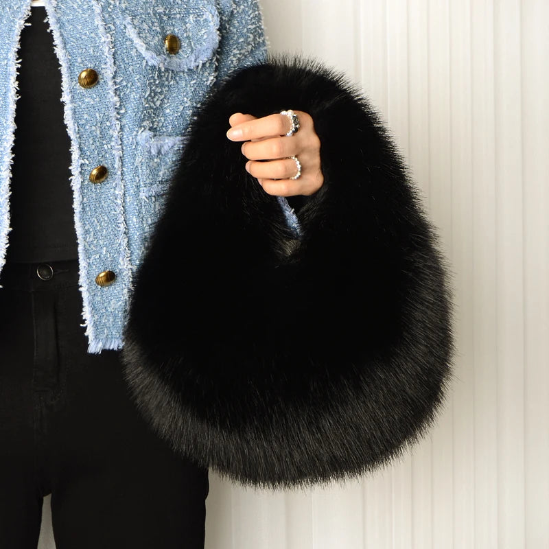 Women's Winter Casual Furry Shoulder Bag Soft Plush Solid Color Clutch Purse Lightweight Female Hobos Handbag