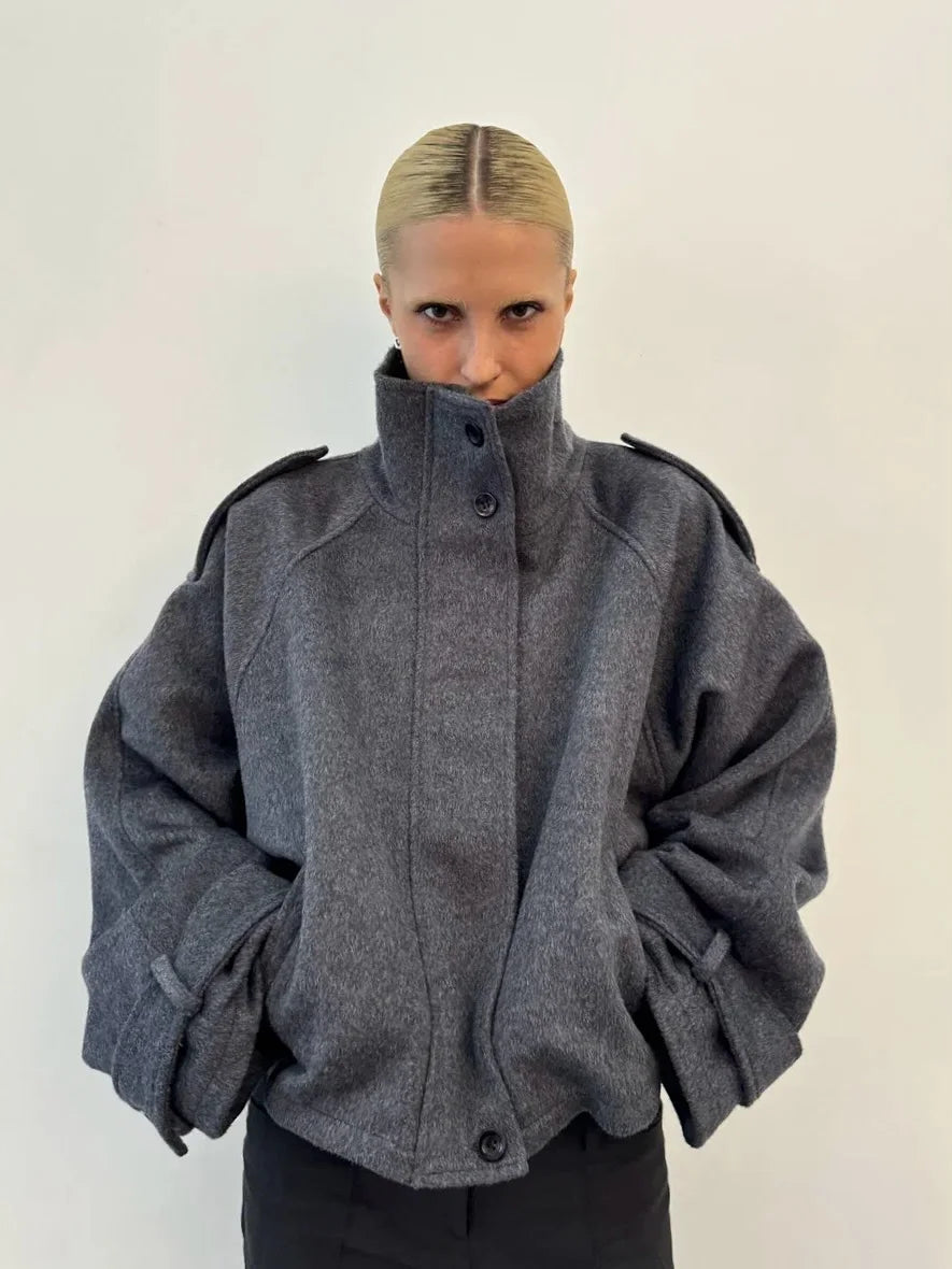 Elegant Women's Short Woolen Coats Stand Collar Double Breasted Long Sleeve Female Jacket 2026 Autumn Winter Lady Warm Outwear