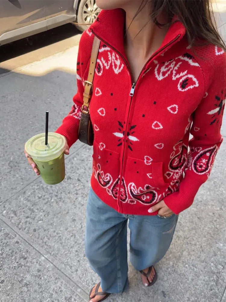 Paisley Print Knit Sweater Jacket Women Stand Collar Raglan Sleeve Zip Up Front Pocket Cardigan 2026 Autumn Retro Loose Jackets