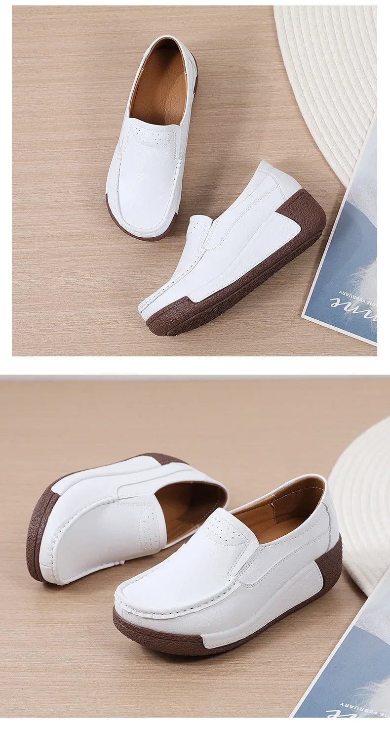 Spring and Summer Women Fashion Loafers Genuine Leather Moccasins Autumn Slip-on Casual Round Toe Wedge Platform Rocking Shoes