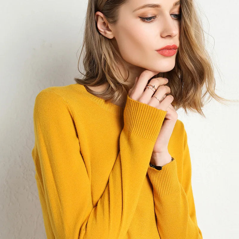 Women Slim ONeck Solid Pullover Cashmere Wool Blending Sweater Autumn And Winter Long-Sleeved Knit Bottoming Shirt Large Size