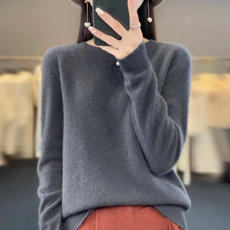 100% Merino solid color sweater ladies autumn and winter new solid color O-neck long sleeve warm fashion loose knit sweater