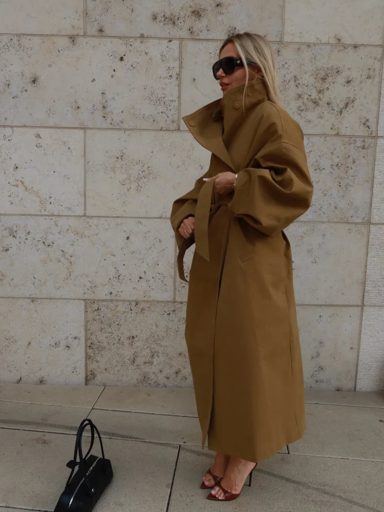 Women Stand Collar Full Sleeve Oversized Windbreaker Solid Single Breasted Lace Up Long Trench Coat Lady Autumn Casual Jacket