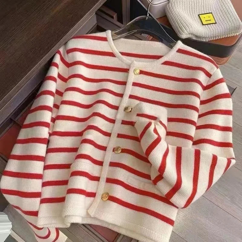 Elegant Striped Knitted Cardigans Coat Fashion Long Sleeve Women O-Neck Single Breasted Korean Sweaters Autumn Tops New Cardigan