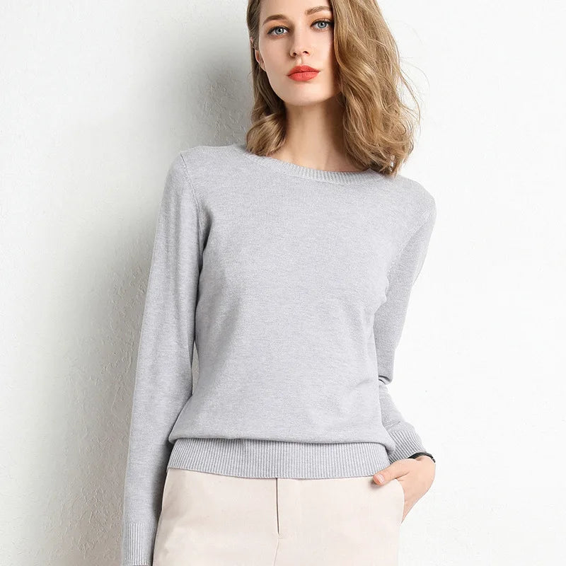 Women Slim ONeck Solid Pullover Cashmere Wool Blending Sweater Autumn And Winter Long-Sleeved Knit Bottoming Shirt Large Size