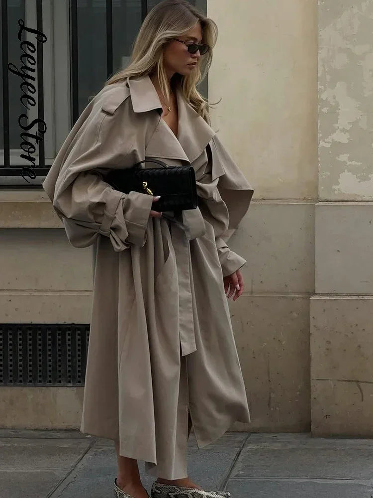 Solid Lace Up Long Trench Coat Women Chic Full Sleeves Lapel Single Breasted Loose Outerwear 2026 Lady Spring High Street Wear