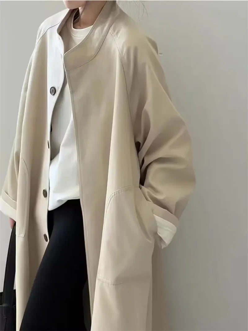 Spring and Autumn Standing Collar Mid Length Trench Coat Women's Loose Casual Slimming Coat Flip Collar single Breasted Jackets