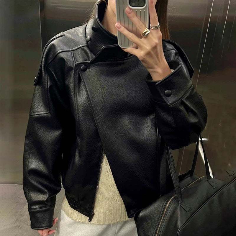 2026 Autumn Winter New High Quality Fashion Black Women Faux Leather Jacket Coat Casual Loose Pockets Biker Outerwear Female