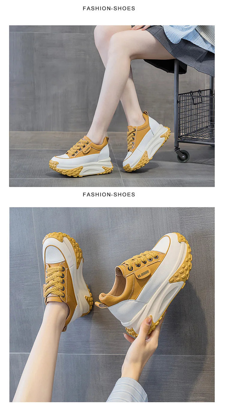 Fujin 3 inch 7cm Genuine Leather Platform Wedge Fashion Women fall winter Chunky Sneakers Heel Shoes Breathable Comfortable
