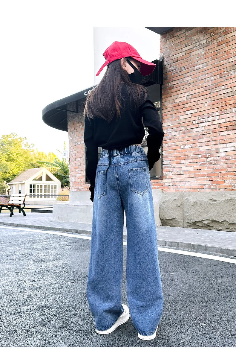 New 2024 Teenage Girls Blue Street Cartoon Print Elastic Mid Waist Loose Denim Jeans Spring Fashion Children Cute Wide Leg Pants
