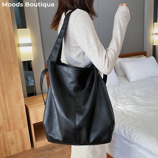 Moods Oversized Black Shoulder Bags For Women Luxury Soft Leather Large Capacity Shopper Totes Dual-strap Big Crossbody Bag 2023