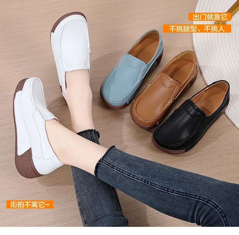 Spring and Summer Women Fashion Loafers Genuine Leather Moccasins Autumn Slip-on Casual Round Toe Wedge Platform Rocking Shoes
