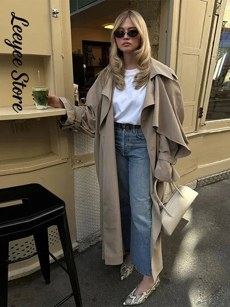 Solid Lace Up Long Trench Coat Women Chic Full Sleeves Lapel Single Breasted Loose Outerwear 2026 Lady Spring High Street Wear