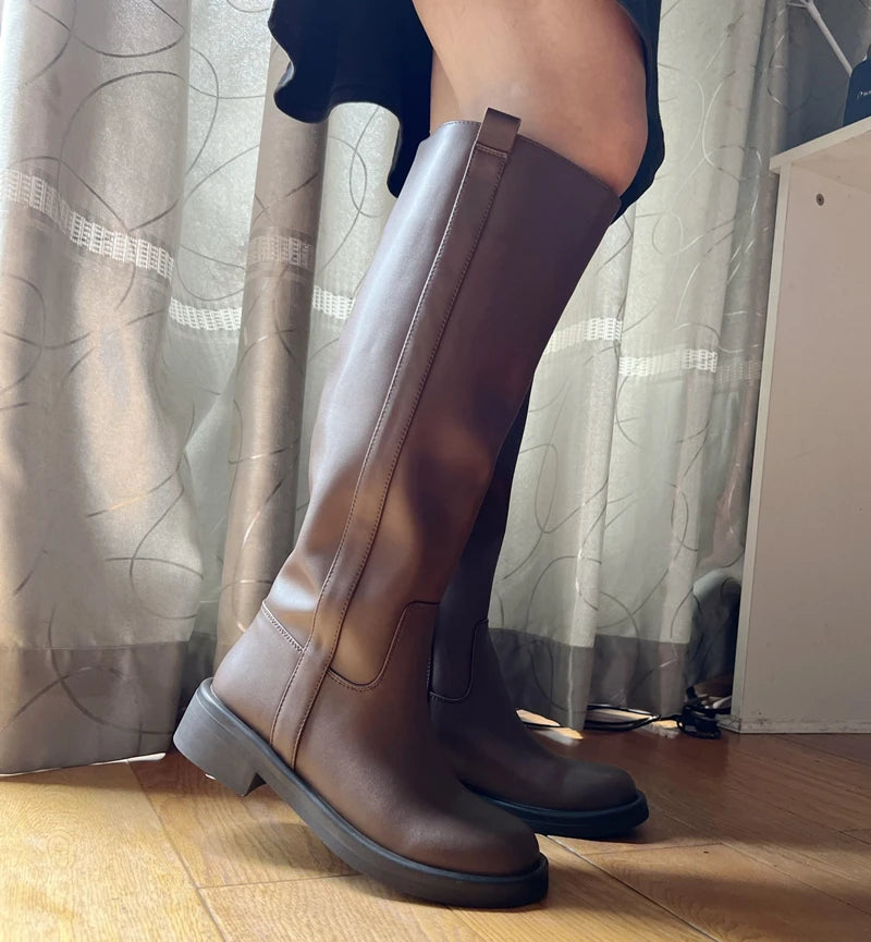 INS Plus Size 34-43 New Fashion Full Genuine Leather Boots Women Slip On Knee High Boots Autumn Winter Straight Knight Botas