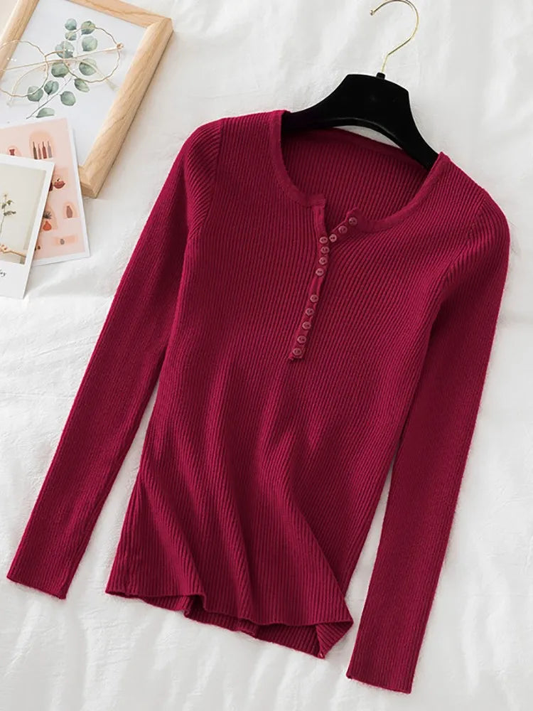 2026 Autumn Winter Button V Neck Sweater Women Basic Slim Pullover Women Sweaters And Pullovers Knit Jumper Soft Warm Tops