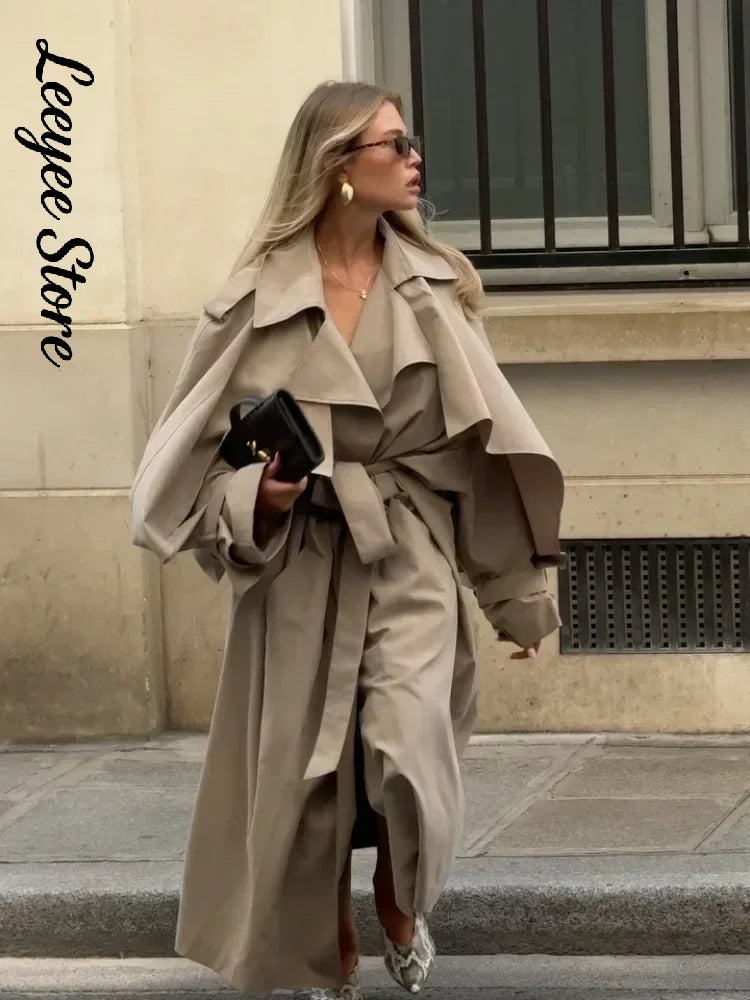 Solid Lace Up Long Trench Coat Women Chic Full Sleeves Lapel Single Breasted Loose Outerwear 2026 Lady Spring High Street Wear
