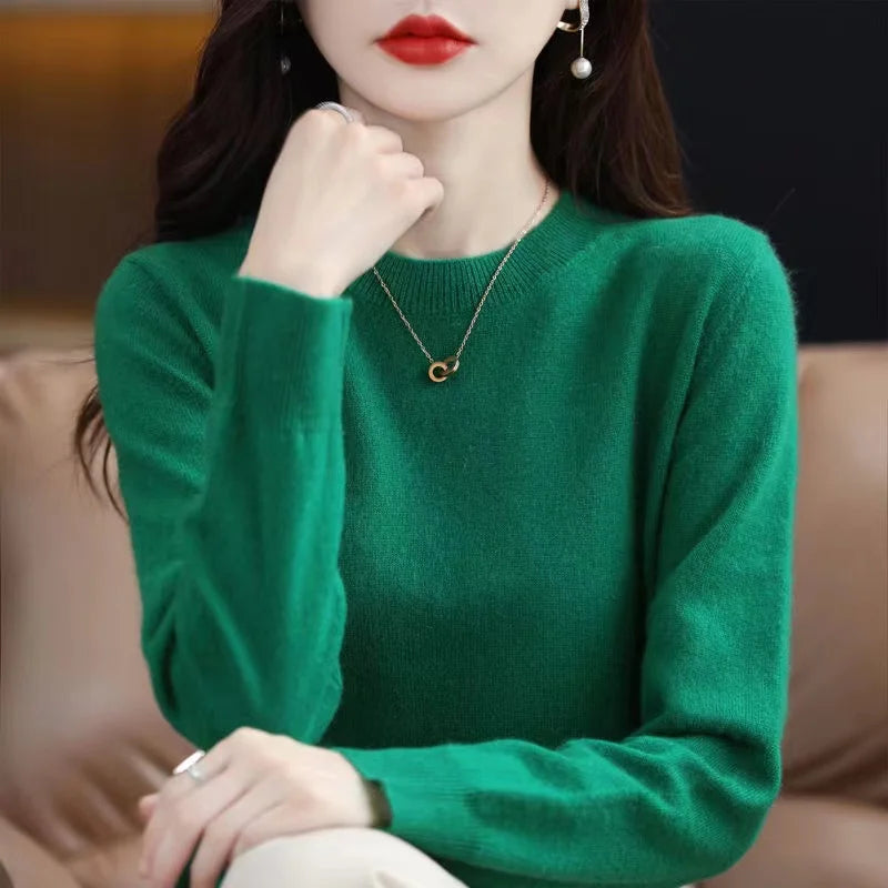 Women Slim ONeck Solid Pullover Cashmere Wool Blending Sweater Autumn And Winter Long-Sleeved Knit Bottoming Shirt Large Size