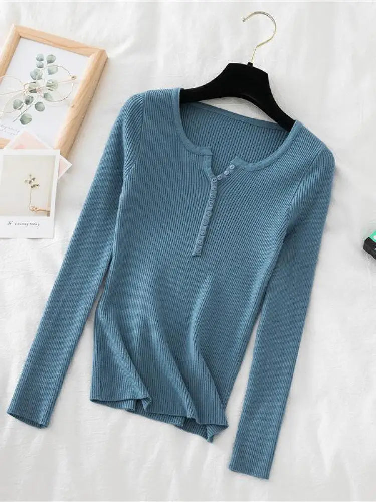 2026 Autumn Winter Button V Neck Sweater Women Basic Slim Pullover Women Sweaters And Pullovers Knit Jumper Soft Warm Tops