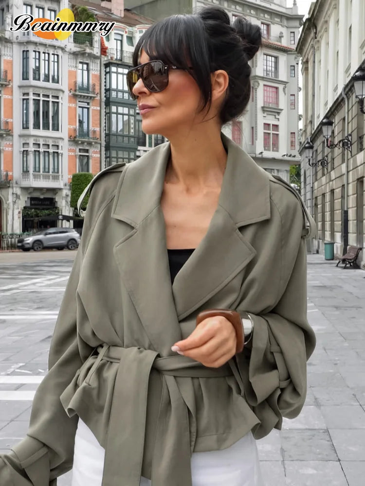 Cropped Lace-up Blue Casual Trench Coat Women Lapel Long Sleeve Wide Shoulder Windbreaker Jacket Fall Commute Daily Streetwear