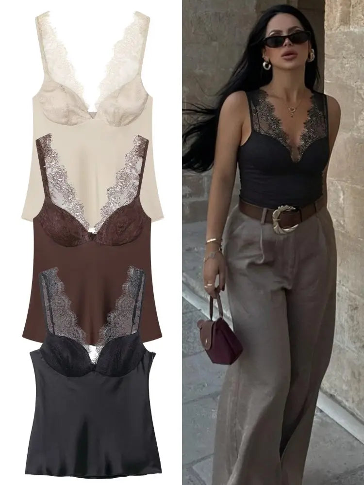 Satin Lace V-Neck Cami Top