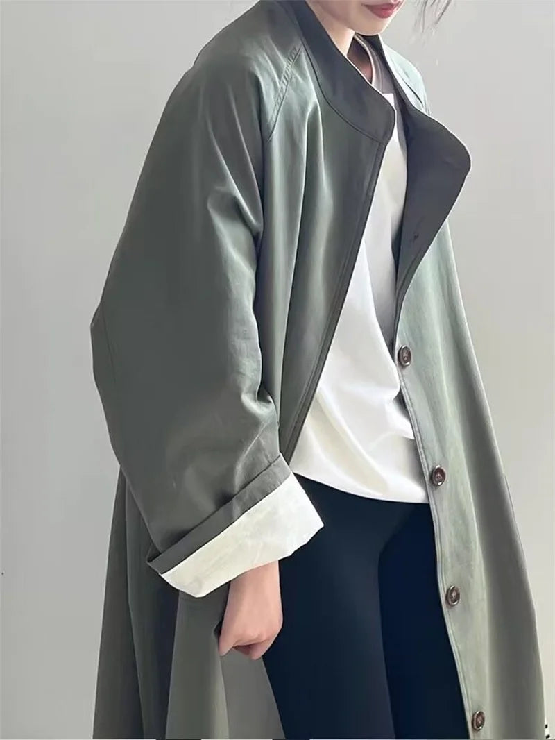 Spring and Autumn Standing Collar Mid Length Trench Coat Women's Loose Casual Slimming Coat Flip Collar single Breasted Jackets