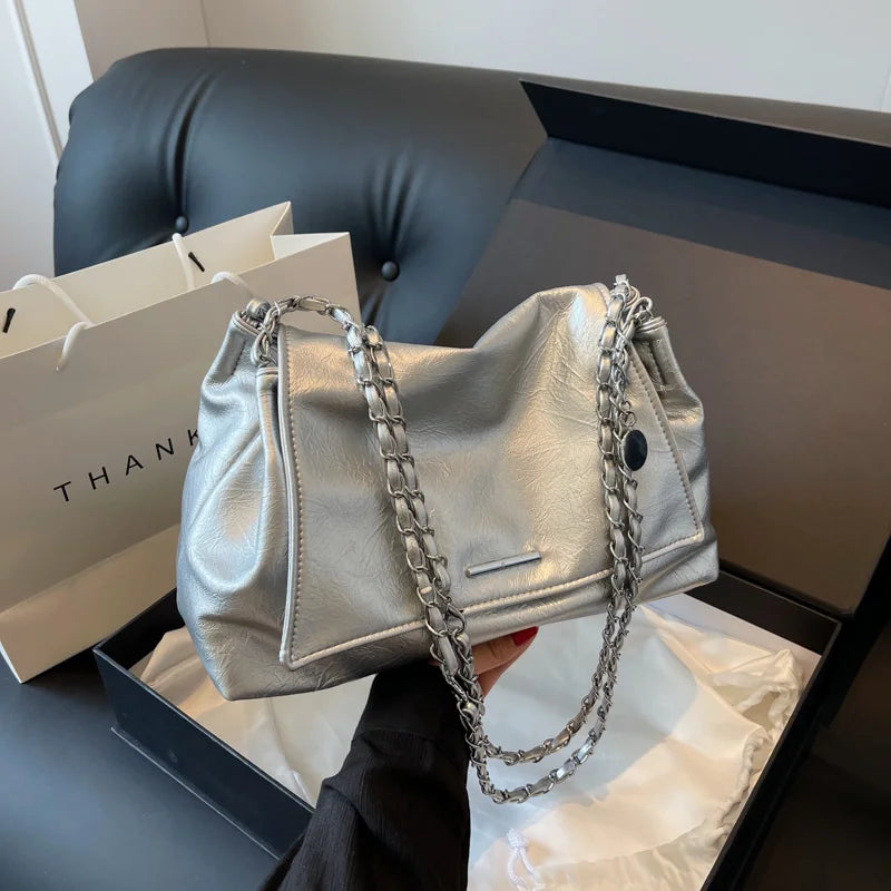 Ladies Handbag Women Fashion Bags Brand Designer Silver Shoulder Bag Large Capacity Female Bag Soft Leather Underarm Bag Totes