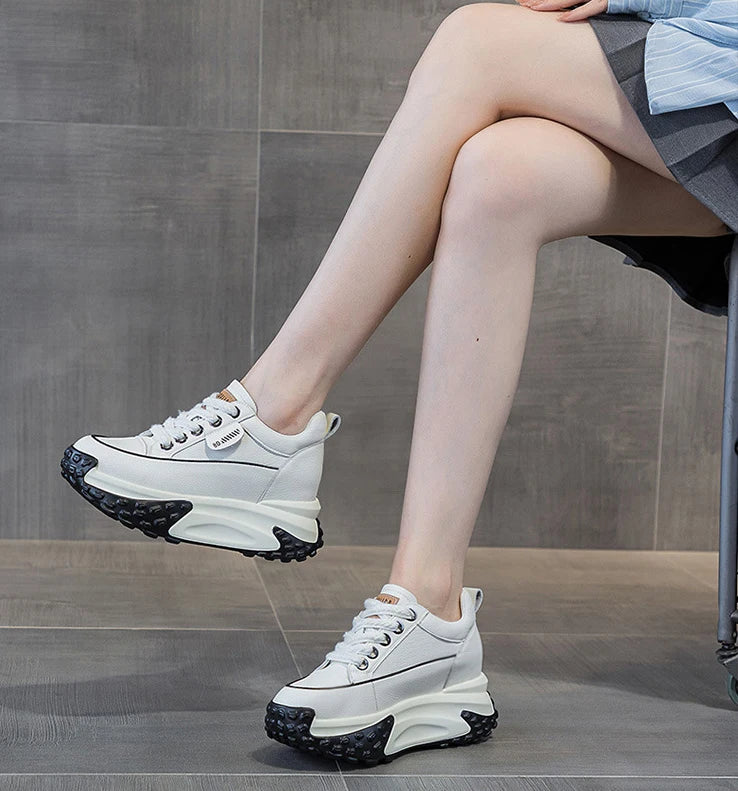 Fujin 3 inch 7cm Genuine Leather Platform Wedge Fashion Women fall winter Chunky Sneakers Heel Shoes Breathable Comfortable