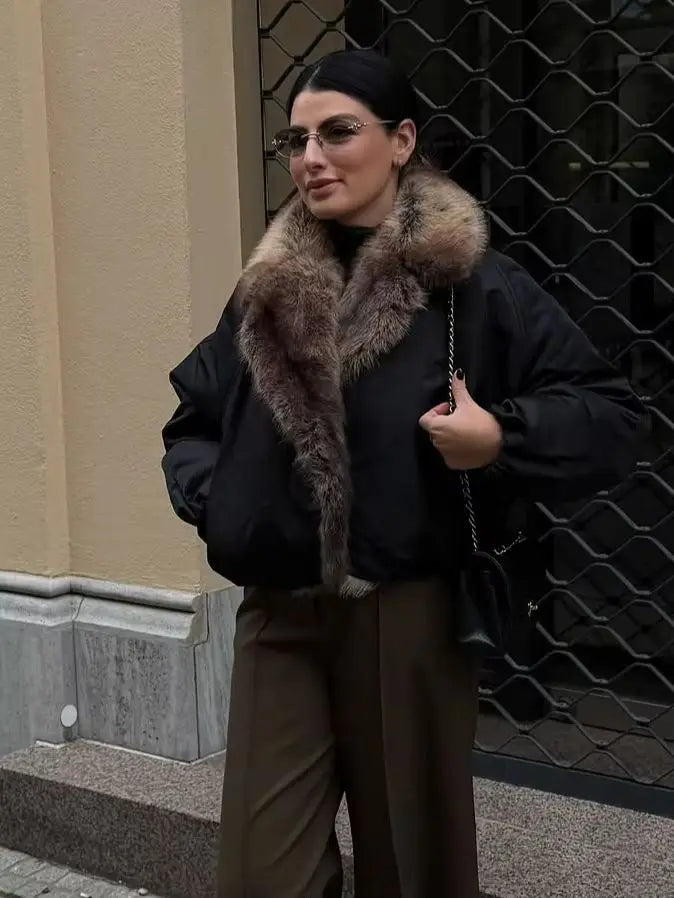 Fashion Faux Fur Collar Bomber Jacket For Women 2026 Autumn Winter Long Sleeve Coats Elegant Lady Chic High Street Outerwear