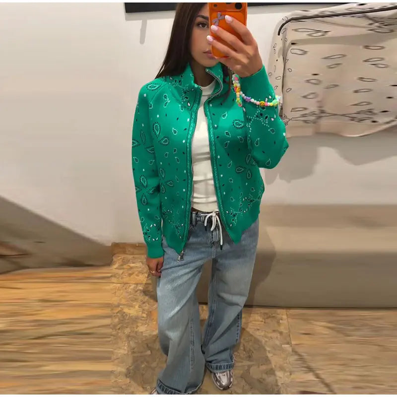 Paisley Print Knit Sweater Jacket Women Stand Collar Raglan Sleeve Zip Up Front Pocket Cardigan 2026 Autumn Retro Loose Jackets
