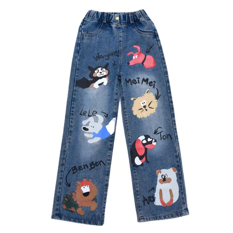 New 2024 Teenage Girls Blue Street Cartoon Print Elastic Mid Waist Loose Denim Jeans Spring Fashion Children Cute Wide Leg Pants
