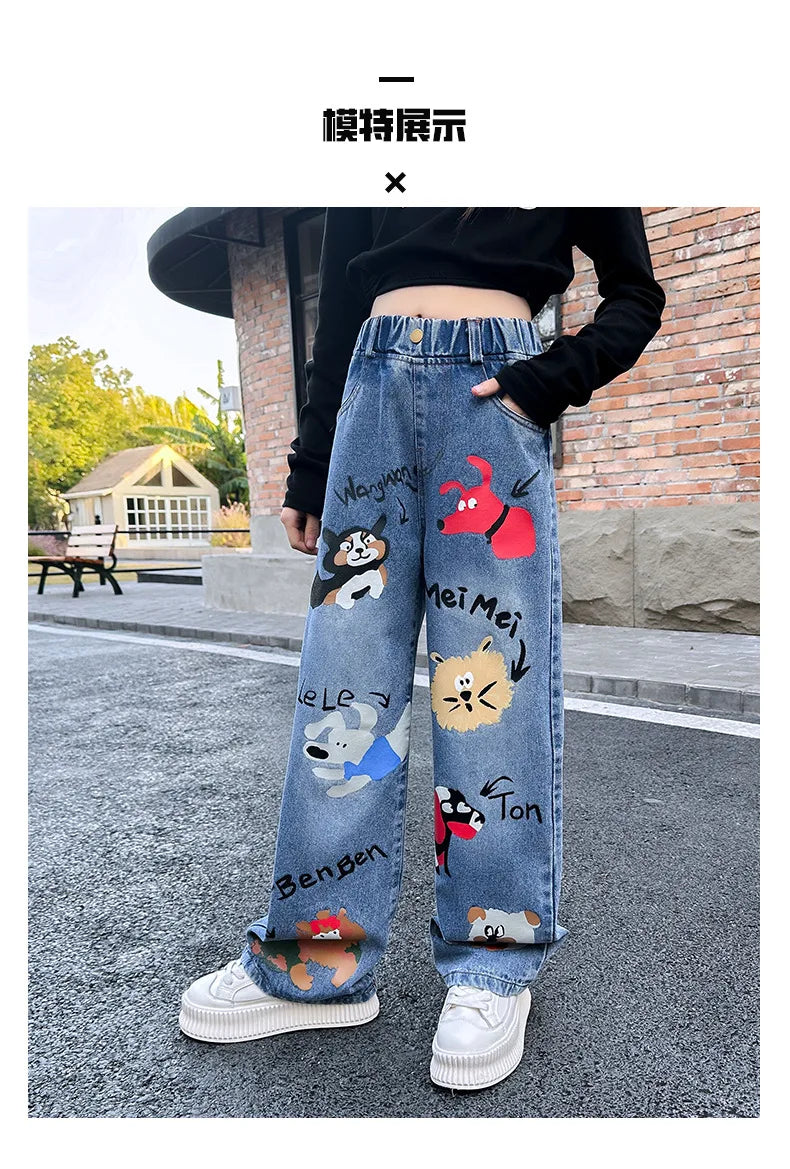 New 2024 Teenage Girls Blue Street Cartoon Print Elastic Mid Waist Loose Denim Jeans Spring Fashion Children Cute Wide Leg Pants