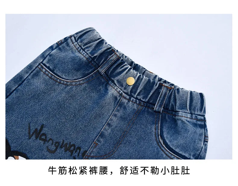 New 2024 Teenage Girls Blue Street Cartoon Print Elastic Mid Waist Loose Denim Jeans Spring Fashion Children Cute Wide Leg Pants