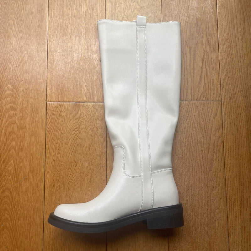 INS Plus Size 34-43 New Fashion Full Genuine Leather Boots Women Slip On Knee High Boots Autumn Winter Straight Knight Botas