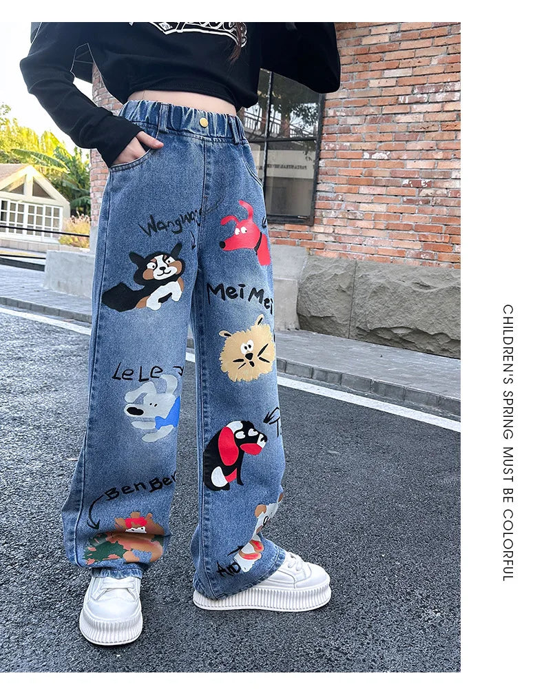 New 2024 Teenage Girls Blue Street Cartoon Print Elastic Mid Waist Loose Denim Jeans Spring Fashion Children Cute Wide Leg Pants
