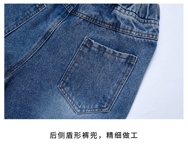 New 2024 Teenage Girls Blue Street Cartoon Print Elastic Mid Waist Loose Denim Jeans Spring Fashion Children Cute Wide Leg Pants