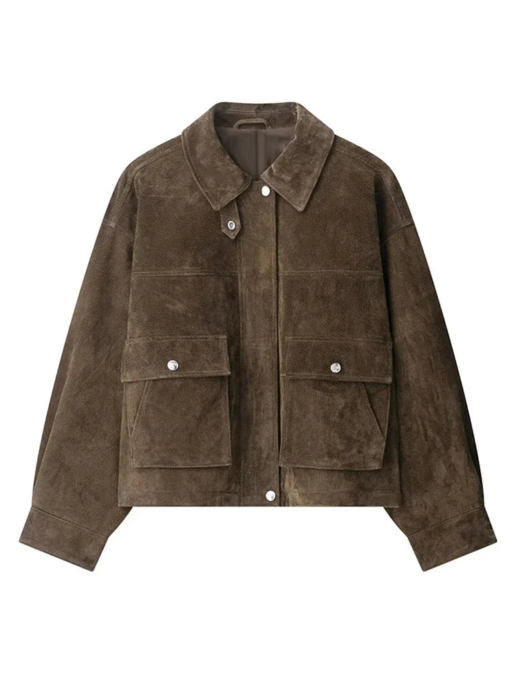 Vintage Women's Brown Suede Jackets Casual Loose Lapel Zipper Pockets Long Sleeve Female Coats 2025 Autumn Lady Commute Outwear