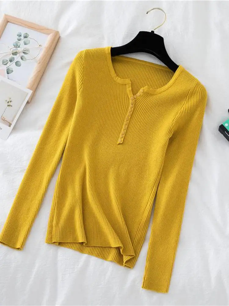 2026 Autumn Winter Button V Neck Sweater Women Basic Slim Pullover Women Sweaters And Pullovers Knit Jumper Soft Warm Tops