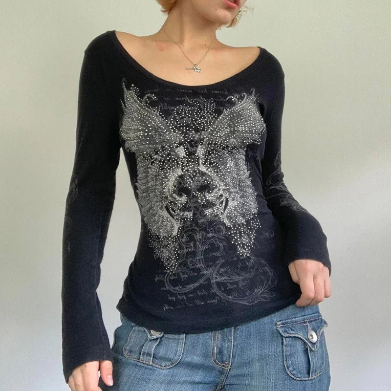 Y2K Skull Graphic Long Sleeve Top