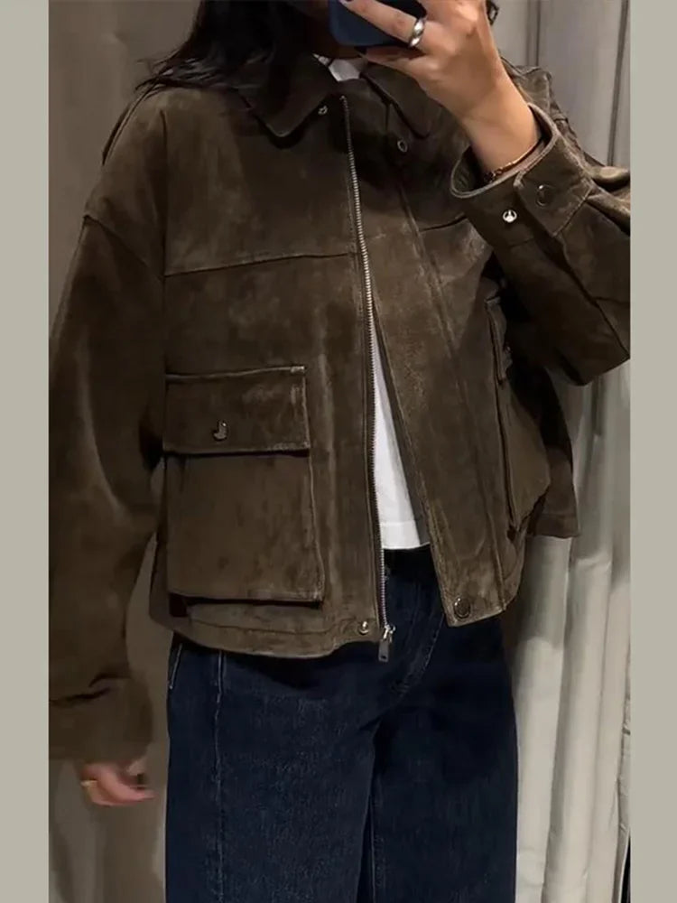 Vintage Women's Brown Suede Jackets Casual Loose Lapel Zipper Pockets Long Sleeve Female Coats 2025 Autumn Lady Commute Outwear