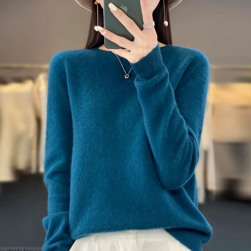 100% Merino solid color sweater ladies autumn and winter new solid color O-neck long sleeve warm fashion loose knit sweater