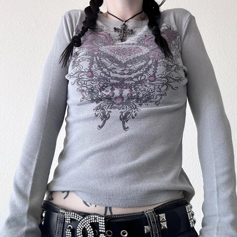 Y2K Skull Graphic Long Sleeve Top