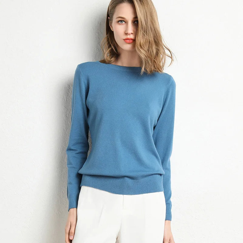 Women Slim ONeck Solid Pullover Cashmere Wool Blending Sweater Autumn And Winter Long-Sleeved Knit Bottoming Shirt Large Size