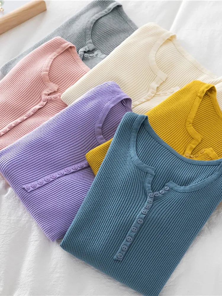 2026 Autumn Winter Button V Neck Sweater Women Basic Slim Pullover Women Sweaters And Pullovers Knit Jumper Soft Warm Tops